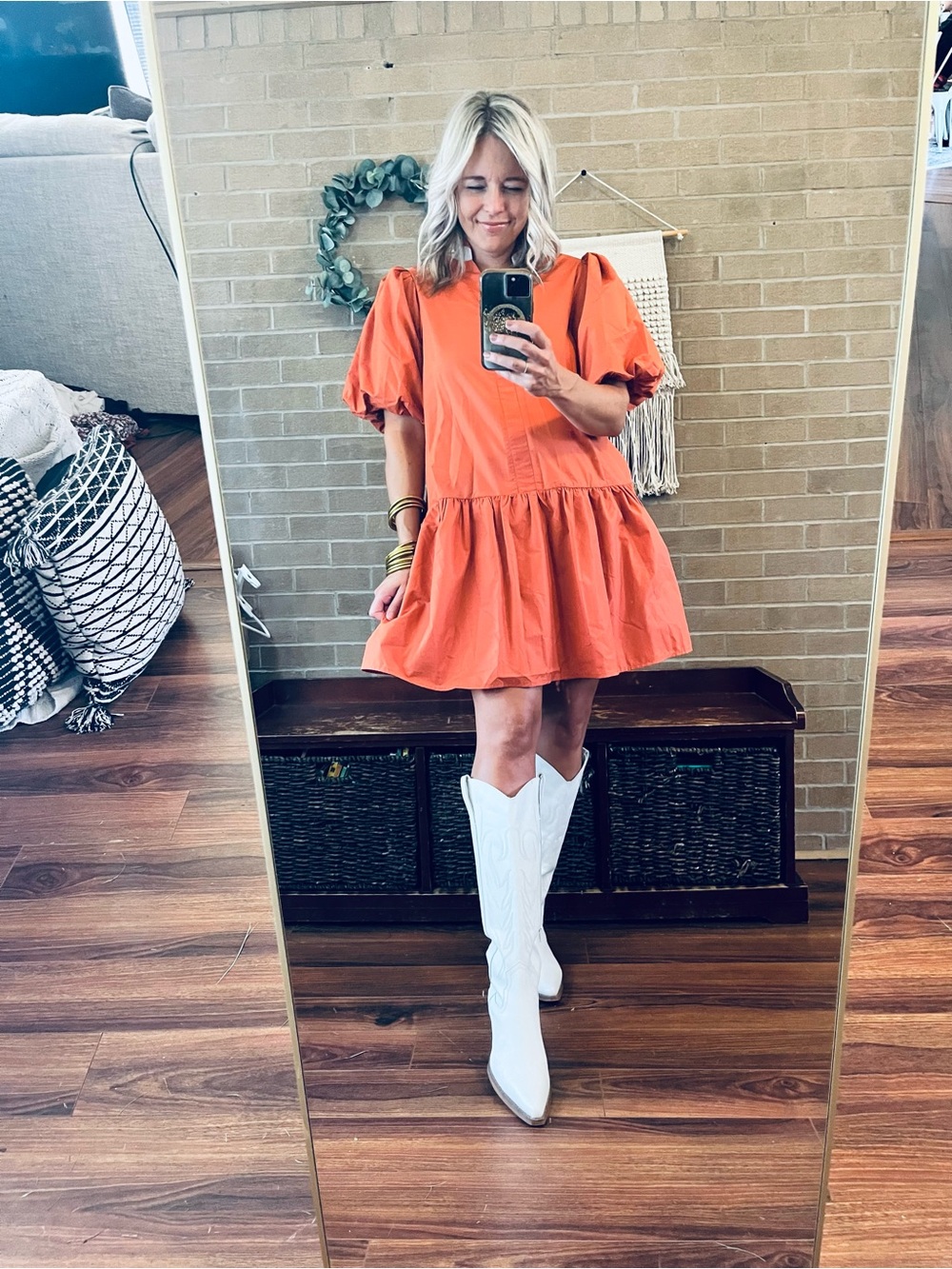 THML Bright Orange Puff Sleeve Tiered Mini Dress